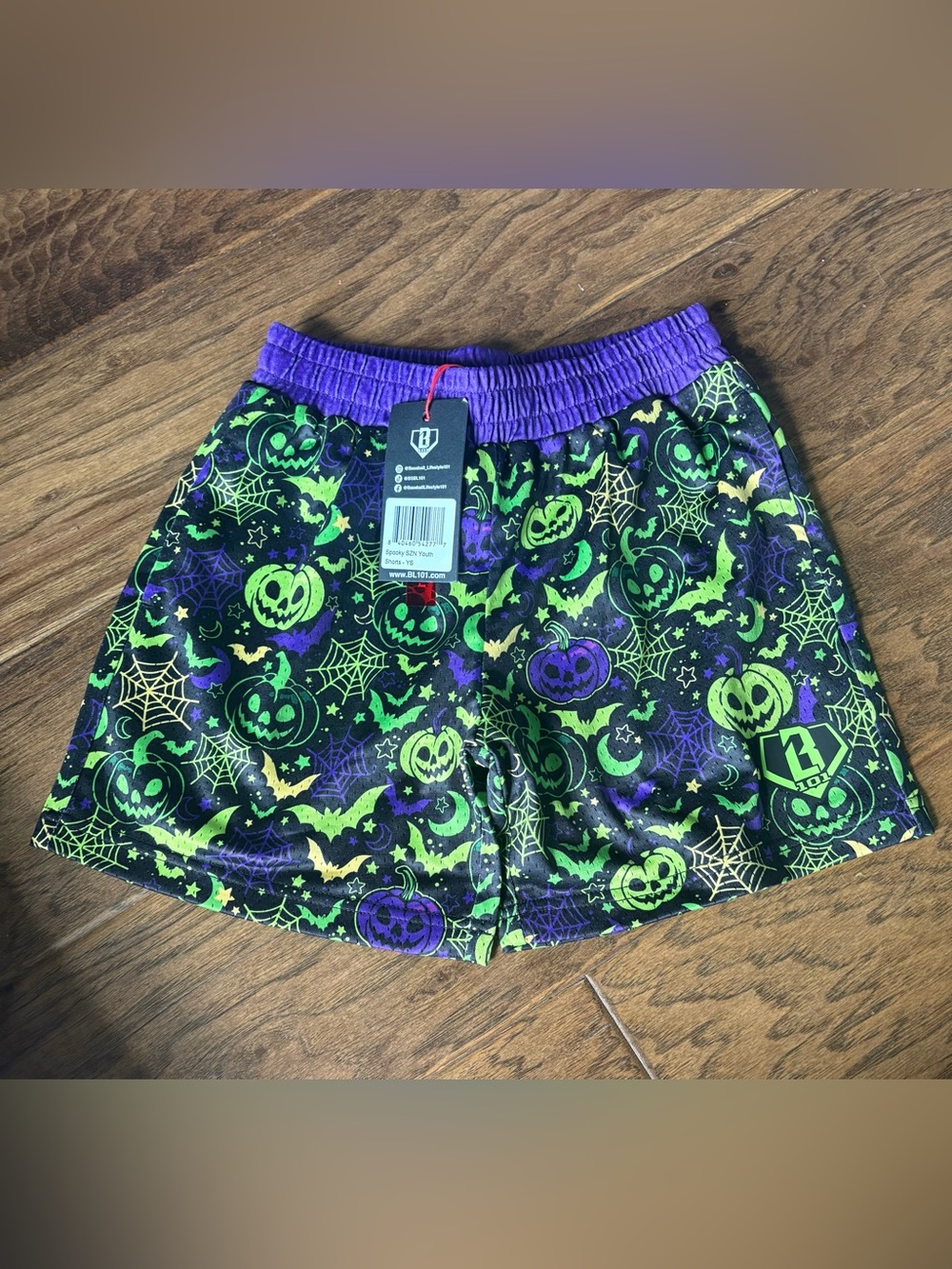Kids Halloween Pumpkin Print Shorts with Purple Waistband - Neon Green & Purple